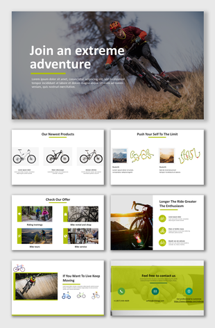 A PowerPoint template featuring biking themes with slides on products, routes, and services related to cycling.