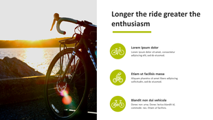 Image of a bicycle at sunset with three green bike icons and captions on the right side, describing different biking aspects.