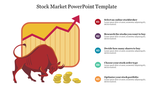 Red bull with a gold coin stack beside a chart with a rising arrow, and five numbered colorful steps on the right.
