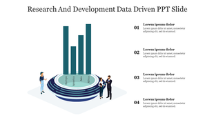 Slide showing a 3D bar chart with teal bars, featuring two figures standing next, and four numbered captions on the right.