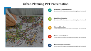 Slide showcasing an urban planning PPT with a map diagram on the left and key topics listed on the right.