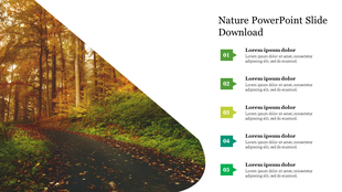 Slide with a forest image in a triangular shape on the left and five green text boxes with numbers on the right.