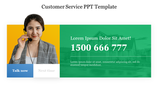 Customer service slide with woman in headset on left, call-to-action number on green background, and talk now button below.