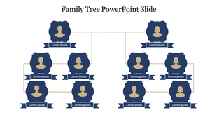 Blue themed family tree PowerPoint slide showing multiple generations with labels for each member on a white backdrop.