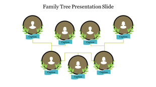 Illustrative family tree slide, featuring linked portraits with decorative wreaths and captions in a PowerPoint layout.