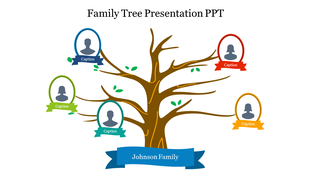 Illustrated family tree with bare branches holding five color avatar frames, featuring a large blue banner at the bottom.