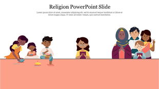 Illustration of diverse people practicing various religions with a peach footer and blank white header space.