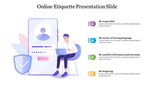 Illustration of a person using a laptop next to a phone screen, with four online etiquette tips listed.