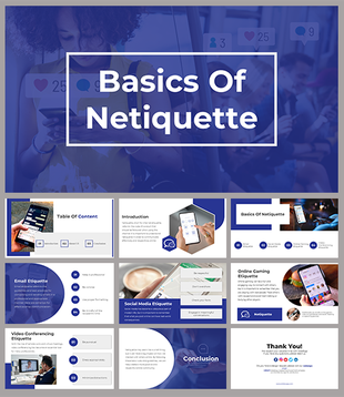 Blue themed slides on email, social media, and online gaming etiquette, featuring modern device imagery.