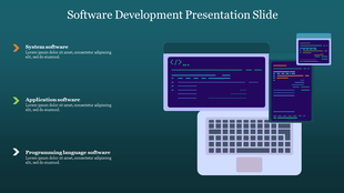 Green themed software development slide showcasing a laptop with code and icons representing the system with text area.