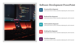 Software development slide with a dark coding setup image on the left and five numbered development categories on the right.