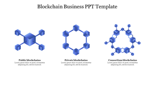 Three blue interconnected cube icons arranged in a row, representing different blockchain types, on a white background.
