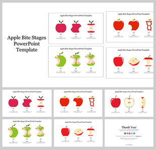 Apple bite stages slides show the progressive stages of an apple being eaten, from whole to core.