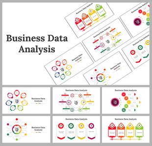 A collection of business data analysis PPT slides with colorful charts and infographics with icons on a white backdrop.