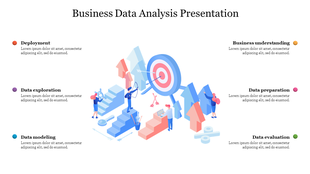 Business data analysis graphic with target and arrows in center, surrounded by six colored captions with icons on both sides.