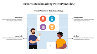 Four phases of benchmarking in a business slide with icons in a grid layout, featuring illustrations of two people.