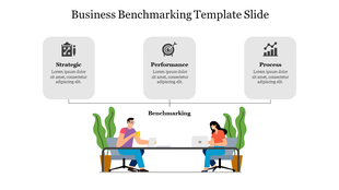 Business benchmarking concept with icons and three connected captions above a workspace scene with two people and laptops.