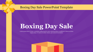 Boxing day sale template with a purple background, yellow ribbon graphic, and gift box illustration.