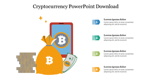 Cryptocurrency PowerPoint slide with a phone, Bitcoin, and a bag of cash with placeholder text on a white backdrop.