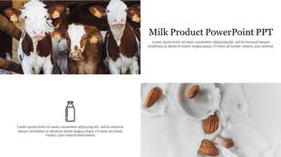 Milk product PowerPoint slide with images of cows and almond milk, with placeholder text for custom content.