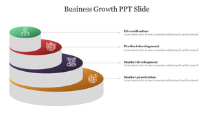 Business growth strategy PPT slide with four colored stages from diversification to market penetration with icons.
