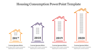 Four houses representing housing consumption from 2017 to 2020, each with text areas below.