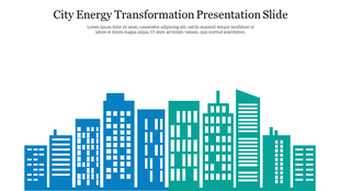 Illustration of a city skyline in blue and green tones for energy transformation concepts with a caption area.
