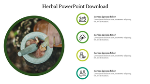 Herbal slide with large green bordered circle image of hand pouring liquid into mortar, and four herbal icons with captions.