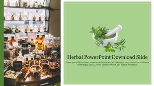 Slide with an image of herbs and essential oils displayed on a wooden table, with a mortar and pestle, on a green background.