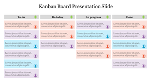 A colorful project management PPT slide featuring a Kanban board with task items in different stages of progress.