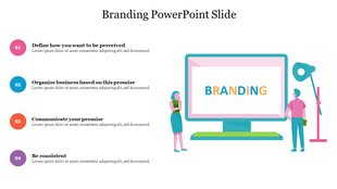 Branding slide with four numbered icons in pink, blue, orange, and purple, with illustrations of people and a desktop screen.