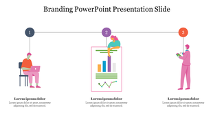 Branding template featuring three connected numbered points with figures working with laptop, charts, and tablet devices.