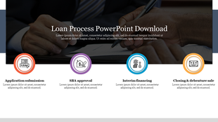 Four icons in red, purple, blue, and orange, and captions for the loan process steps, on a background of signing hands.