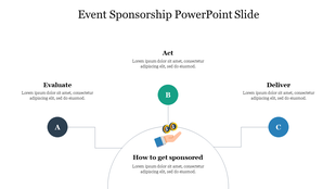 Sponsorship slide with three circles in black, green, and blue, arranged in an arc, with a central hand and coin icons.