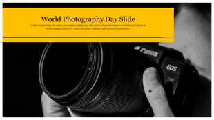 Photography Day slide with yellow title banner over black-and-white close-up of hand holding a DSLR camera with visible lens.