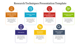 Slide showing six colorful boxes in brown, blue, red, green, purple, yellow, and gray, with icons for research techniques.