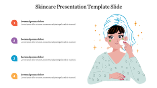 Illustration of a woman applying skincare with a towel on her head, alongside four colored numbered captions.