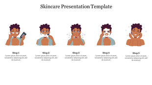 Skincare presentation showing a person performing a routine in five steps, from application to finishing with glowing skin.