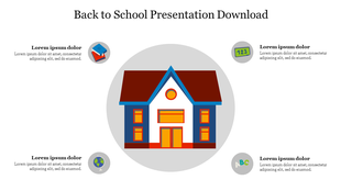 Back to school slide featuring a cartoon schoolhouse in the center with four subject icons and text boxes in each corner.