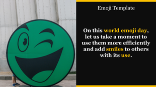 World Emoji Day slide with large green winking emoji on left and black text area with bold yellow and white lettering.