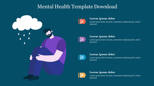 Mental health slide with sad man sitting under rain cloud and four colorful numbered text boxes listed vertically on right.