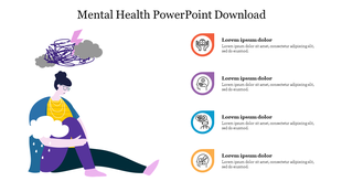 Slide showing a person with a storm cloud above, surrounded by four colored icons representing mental health topics.