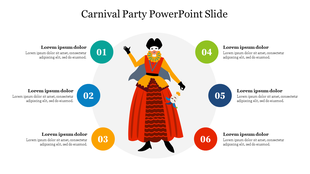 Carnival party PowerPoint slide with a colorful dancer in costume and numbered points for details with placeholder text.