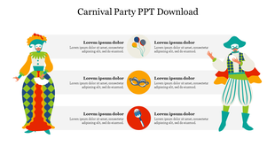 Colorful carnival slide featuring jester and performer visuals alongside three circular icons representing party themes.