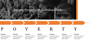 Children in a black and white image above the word poverty in large letters, with an orange arrow and placeholder text below.