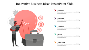 Slide with a person using tablet beside pink lightbulb, gears and coins and five text areas, illustrating business ideas.