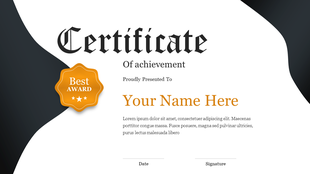 Certificate slide with a bold title, space for the recipient’s name, and a golden badge on the left side.