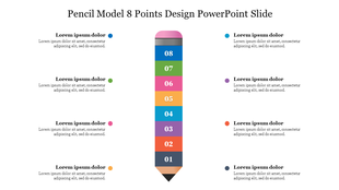 Slide featuring a pencil model design with eight colored sections, each labeled with placeholders for descriptive text.
