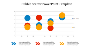 Bubble scatter chart with blue, red, and yellow circle for three data sets, and arrow icons with text labels below the graph.