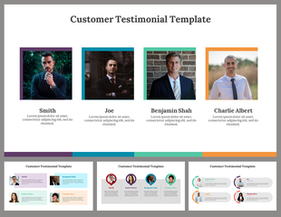 Slides featuring four customer testimonials with photos and names each accompanied by placeholder text for their quotes.